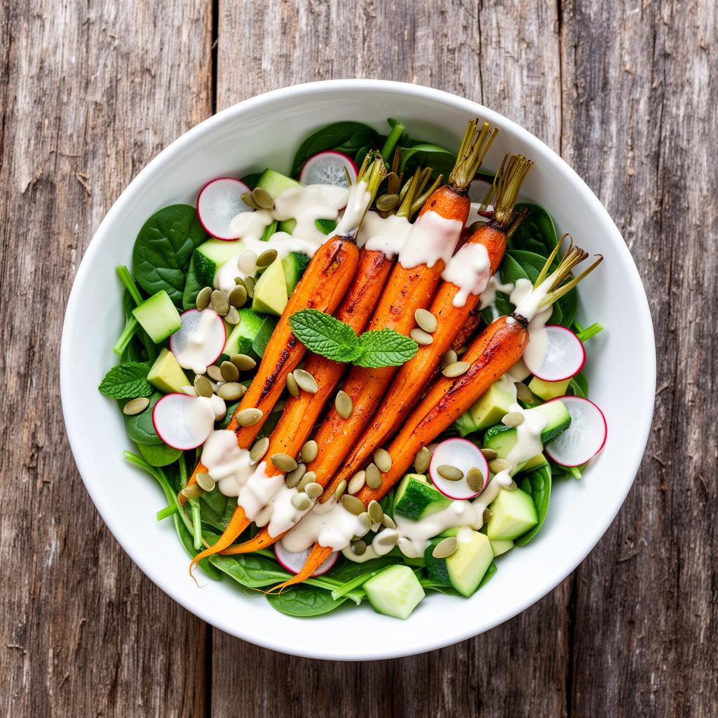 Lente Salade met Geroosterde Worteltjes & Tahini Dressing