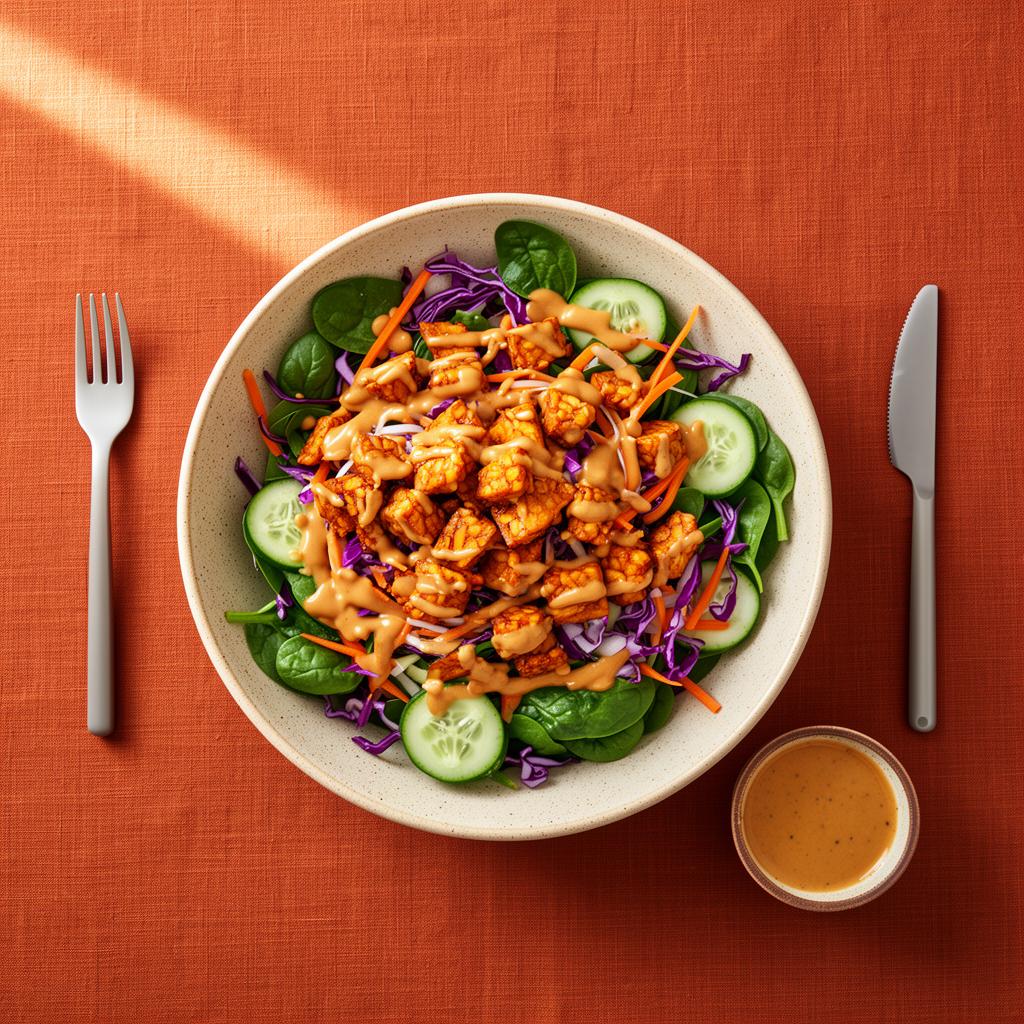 Crispy tempeh power salade met pindadressing