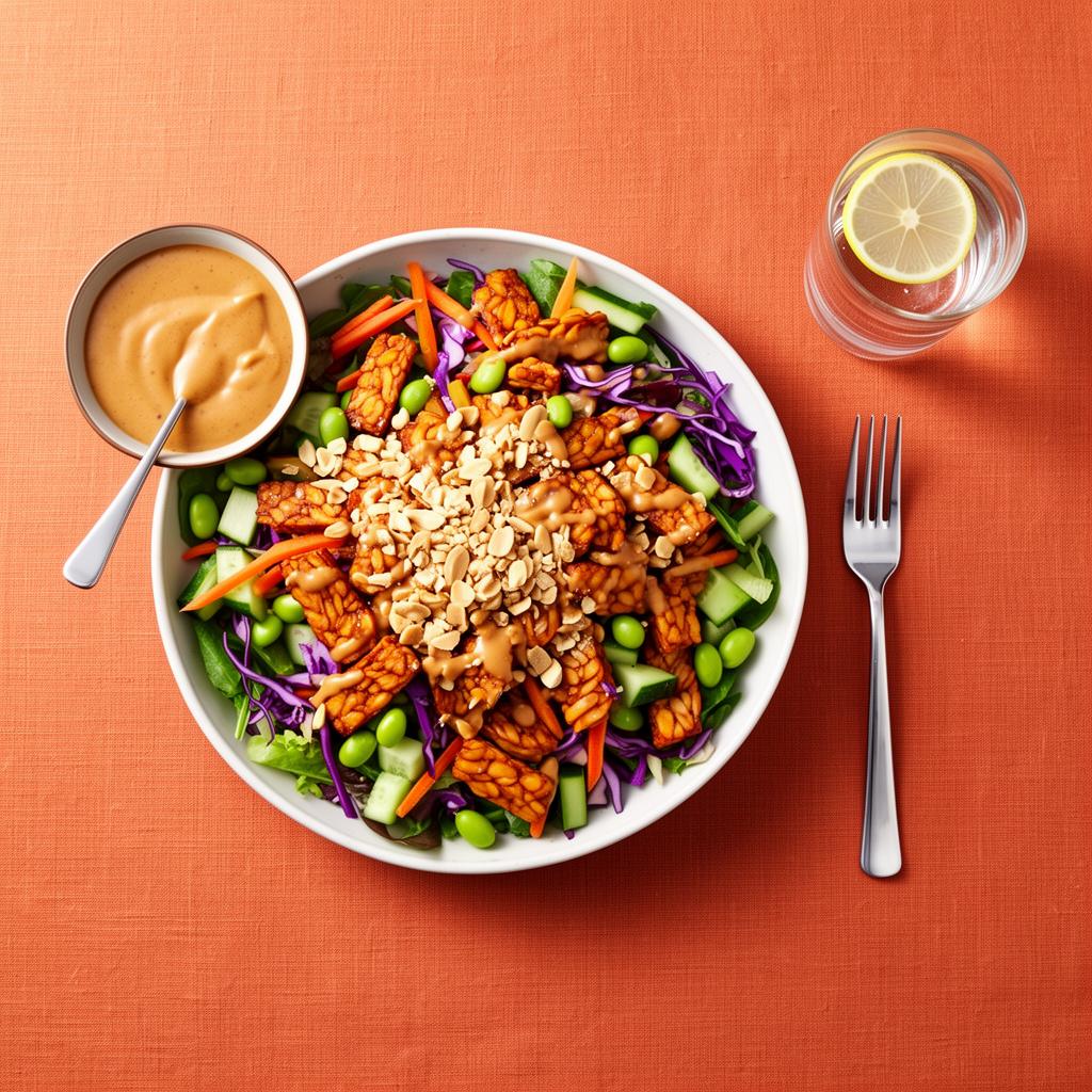 Crispy Tempeh Power Salade met Pindadressing