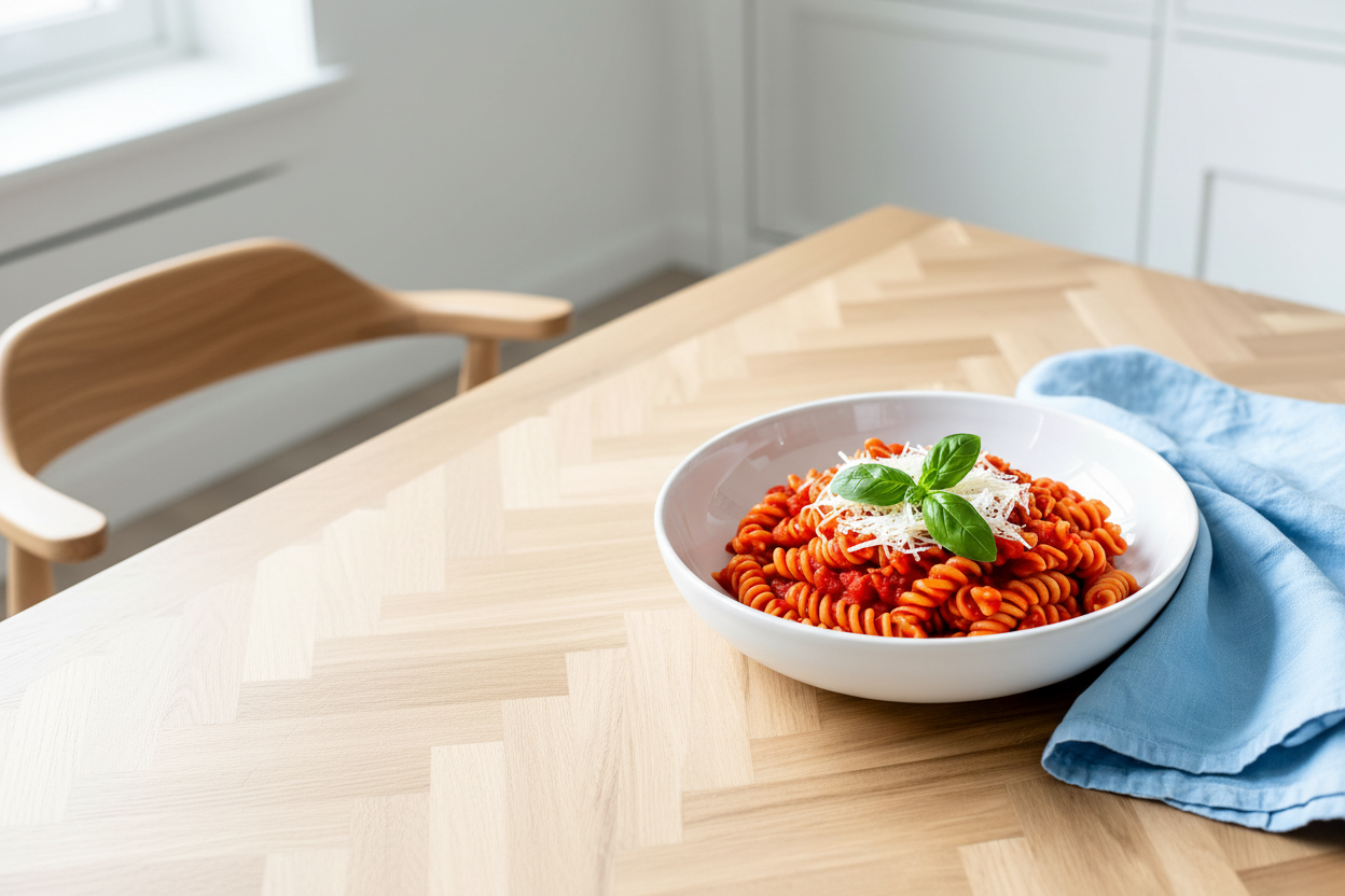 Fusilli salsa rossa schuin perspectief