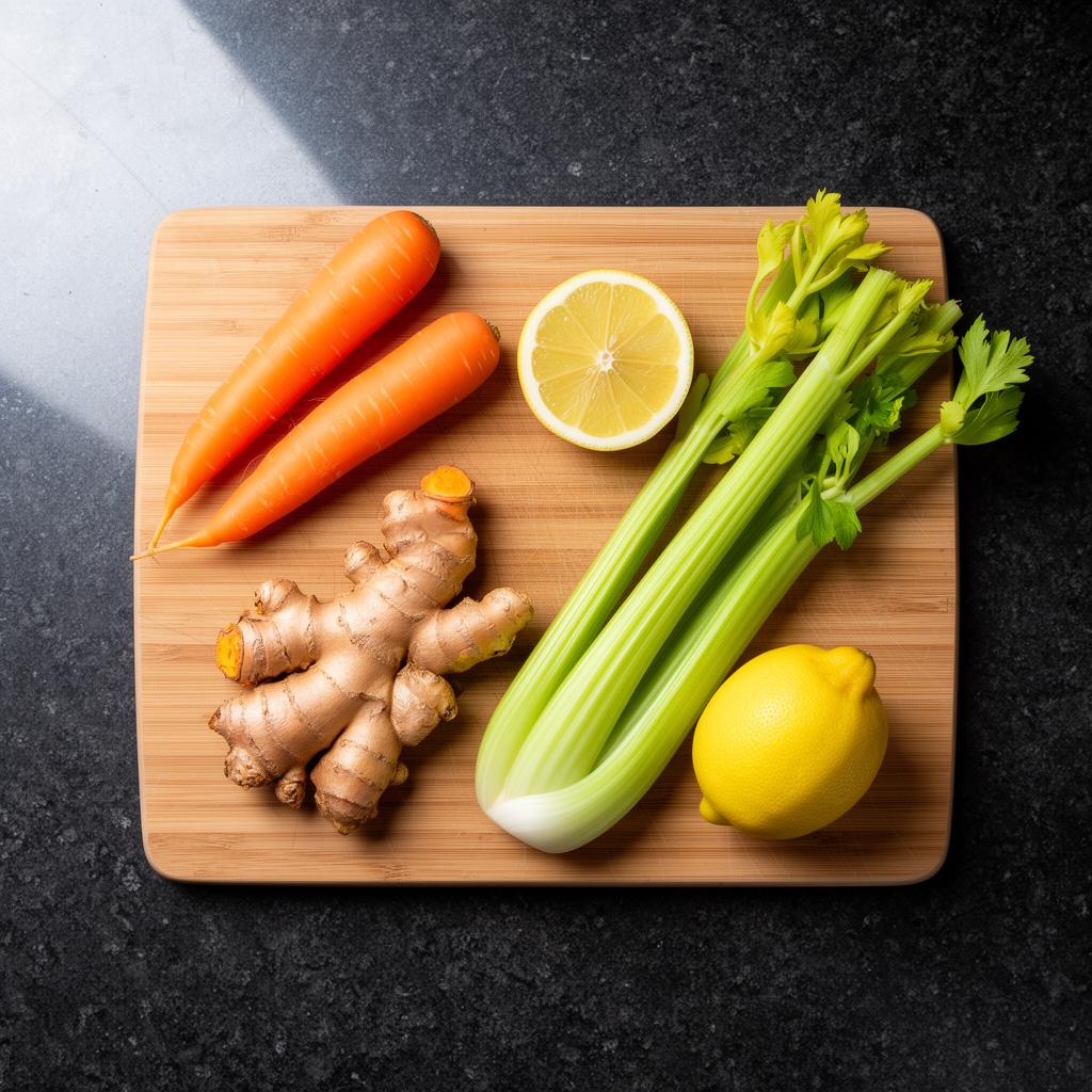 Ingrediënten voor Golden Root Juice op snijplank