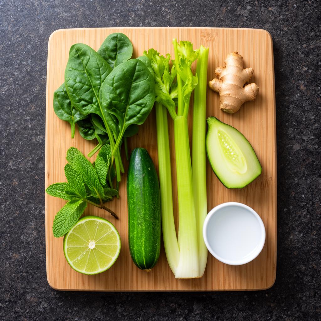 Ingrediënten voor Green Reset Juice op snijplank