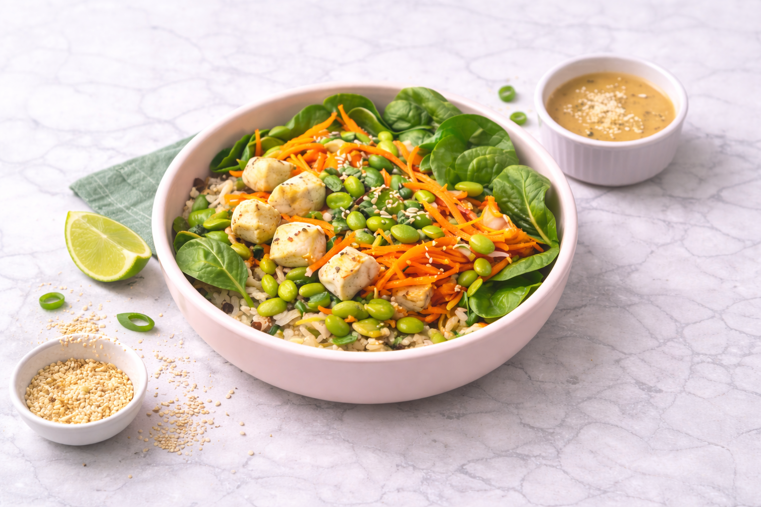 Kimchi-rijstbowl met kip en sesamdressing