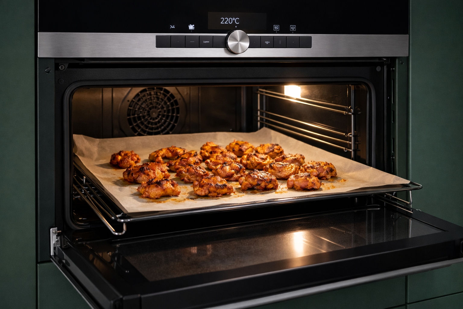 Tandoori kip op bakplaat in de oven op 220°C