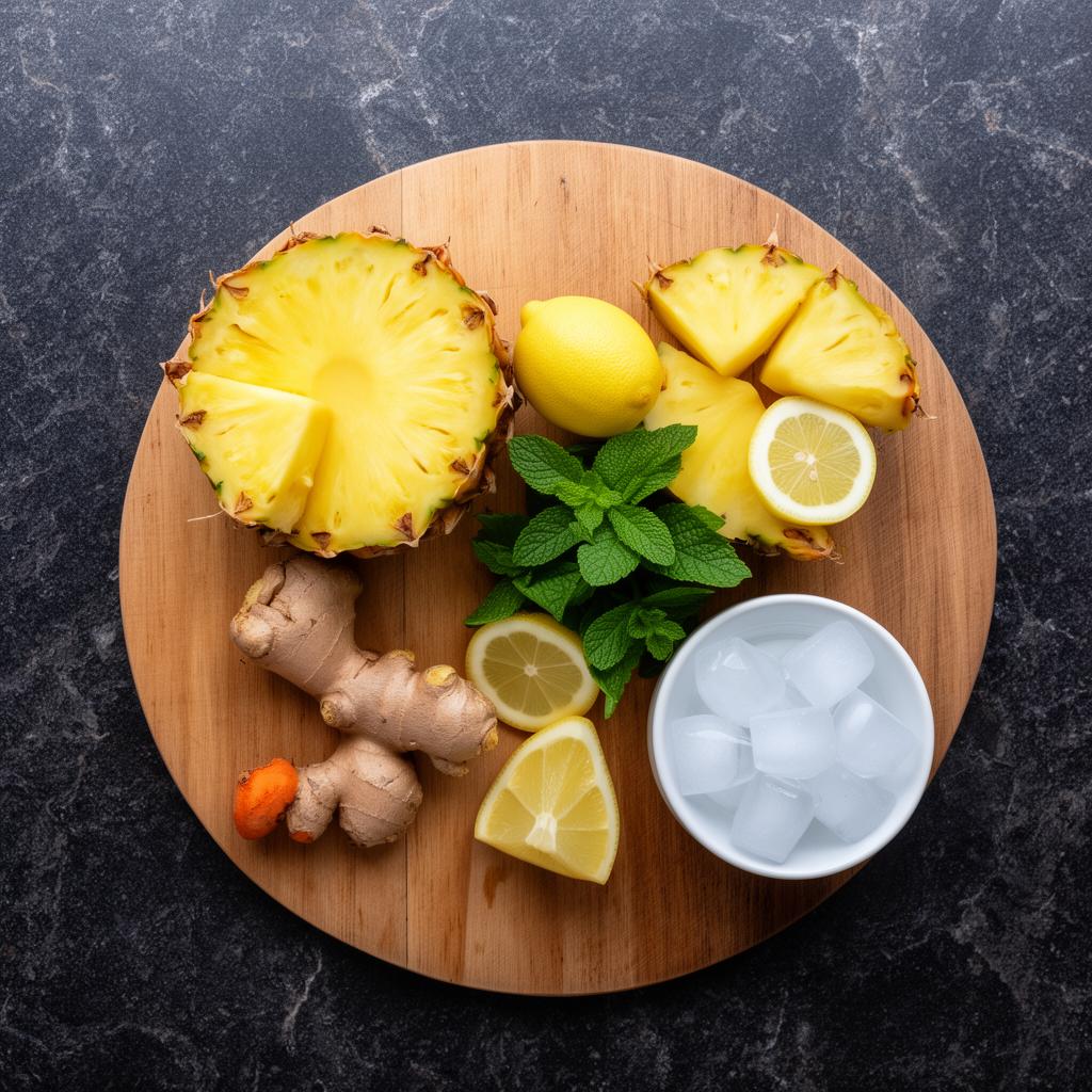 Ingrediënten voor Pineapple Zing Juice op snijplank