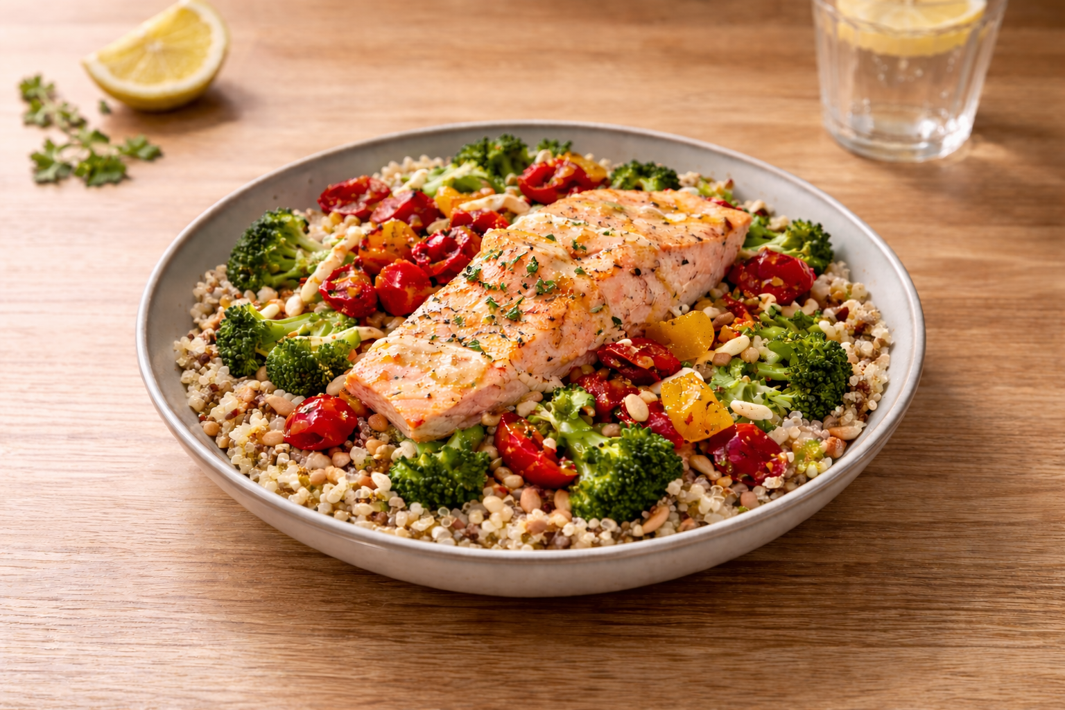 Quinoabowl met zalm, paprika en broccoli
