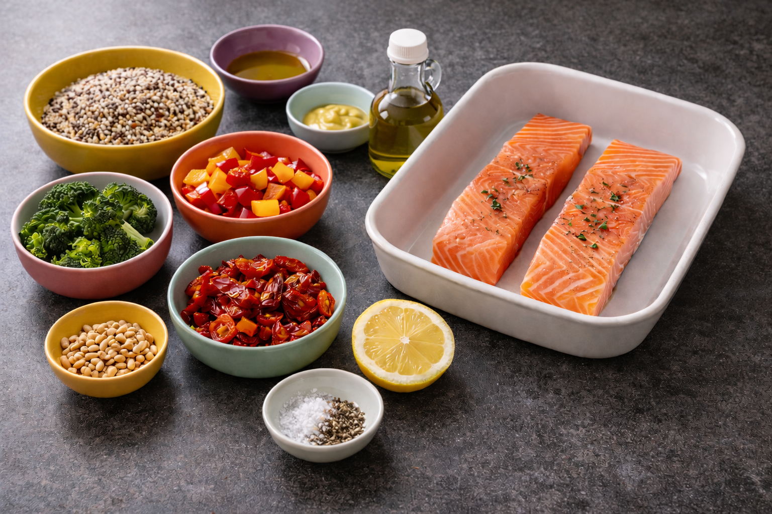 Ingrediënten voor de quinoabowl met zalm