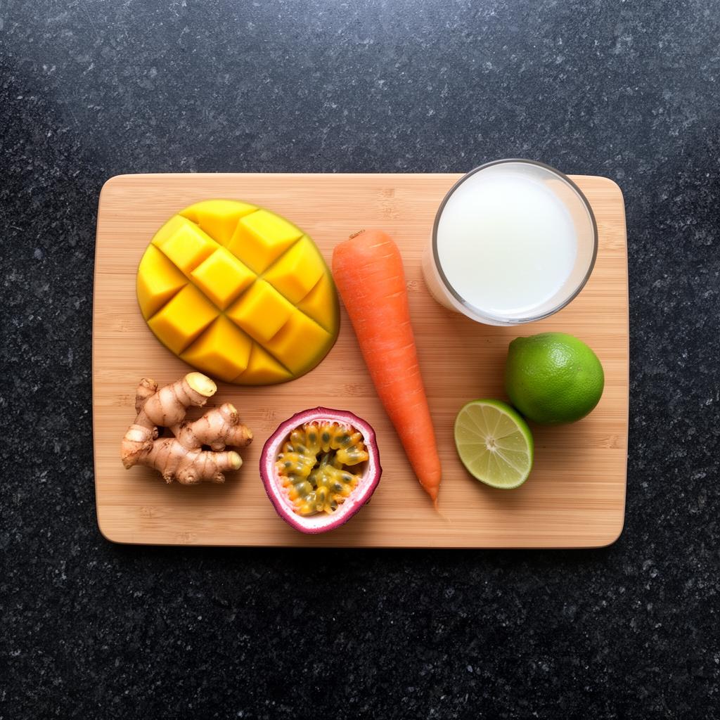 Ingrediënten voor Tropical Sunrise Smoothie op snijplank