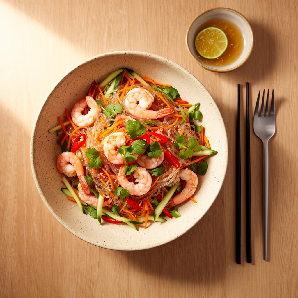 Glasnoedelsalade met Garnalen & Limoen-Gember Dressing