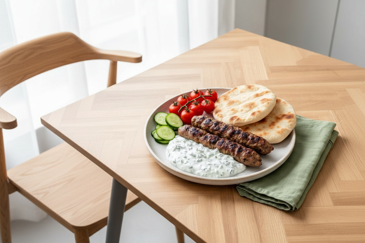 Griekse kofta met tzatziki schuin perspectief