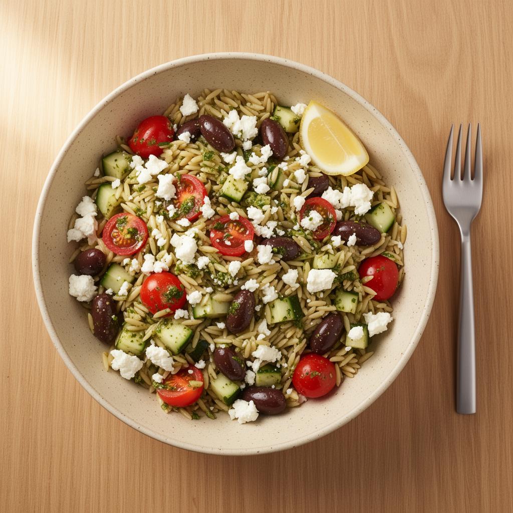 Griekse orzo salade met feta en oregano-citroen
