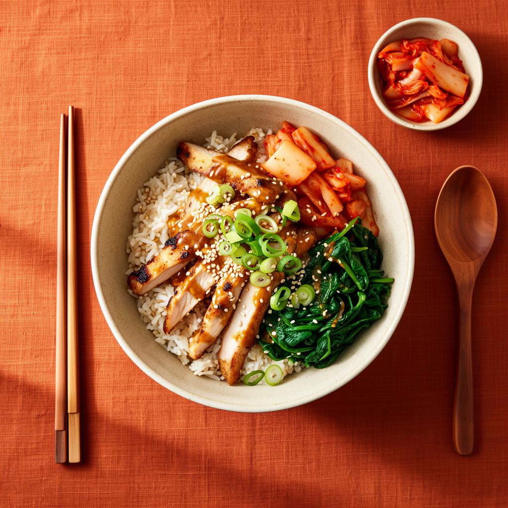 Kimchi-rijstbowl met kip, spinazie & sesamdressing