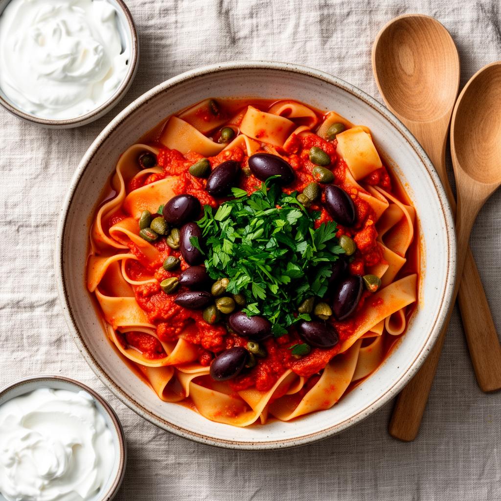 Pappardelle met Rozenharissa, Olijven & Kappertjes