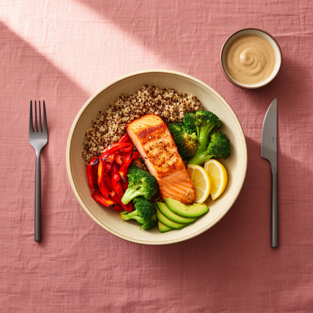Quinoabowl met zalm, paprika, broccoli & zongedroogde tomaatjes