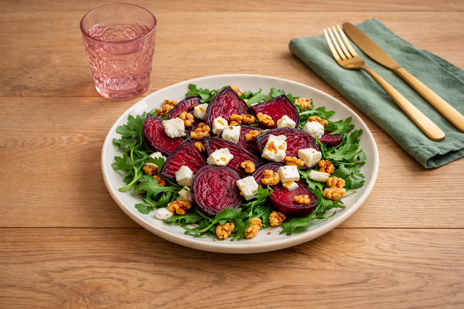 Rode biet geitenkaas salade gedekt op tafel