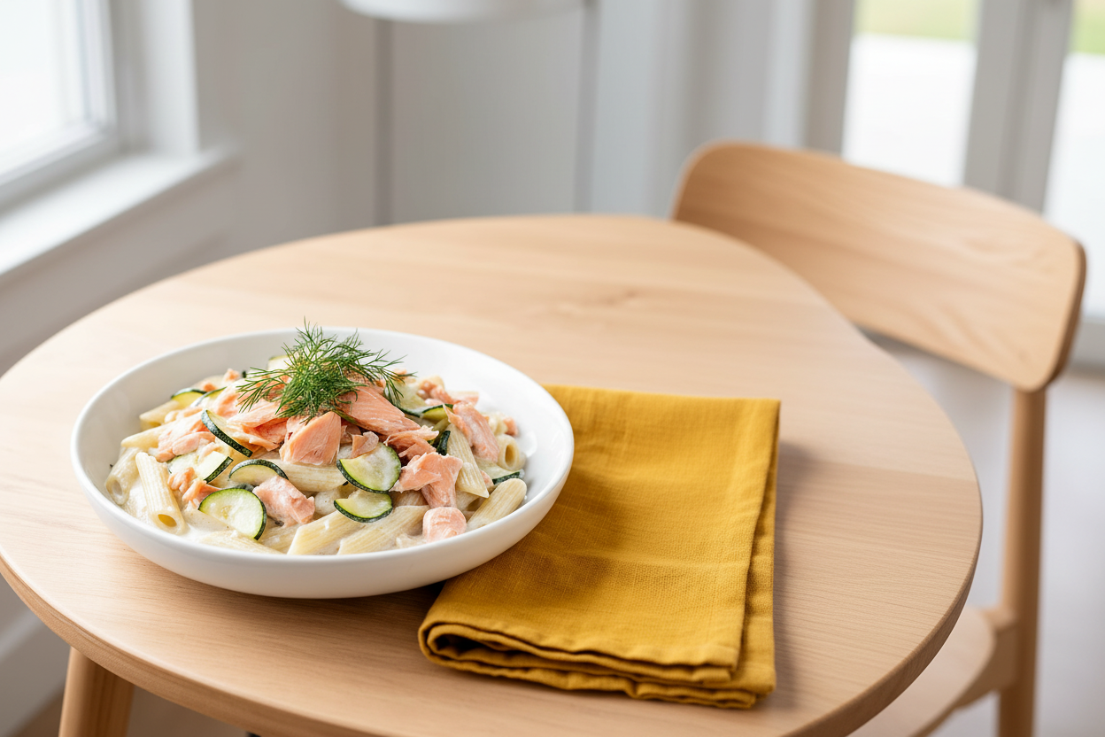 Romige pasta zalm courgette schuin perspectief