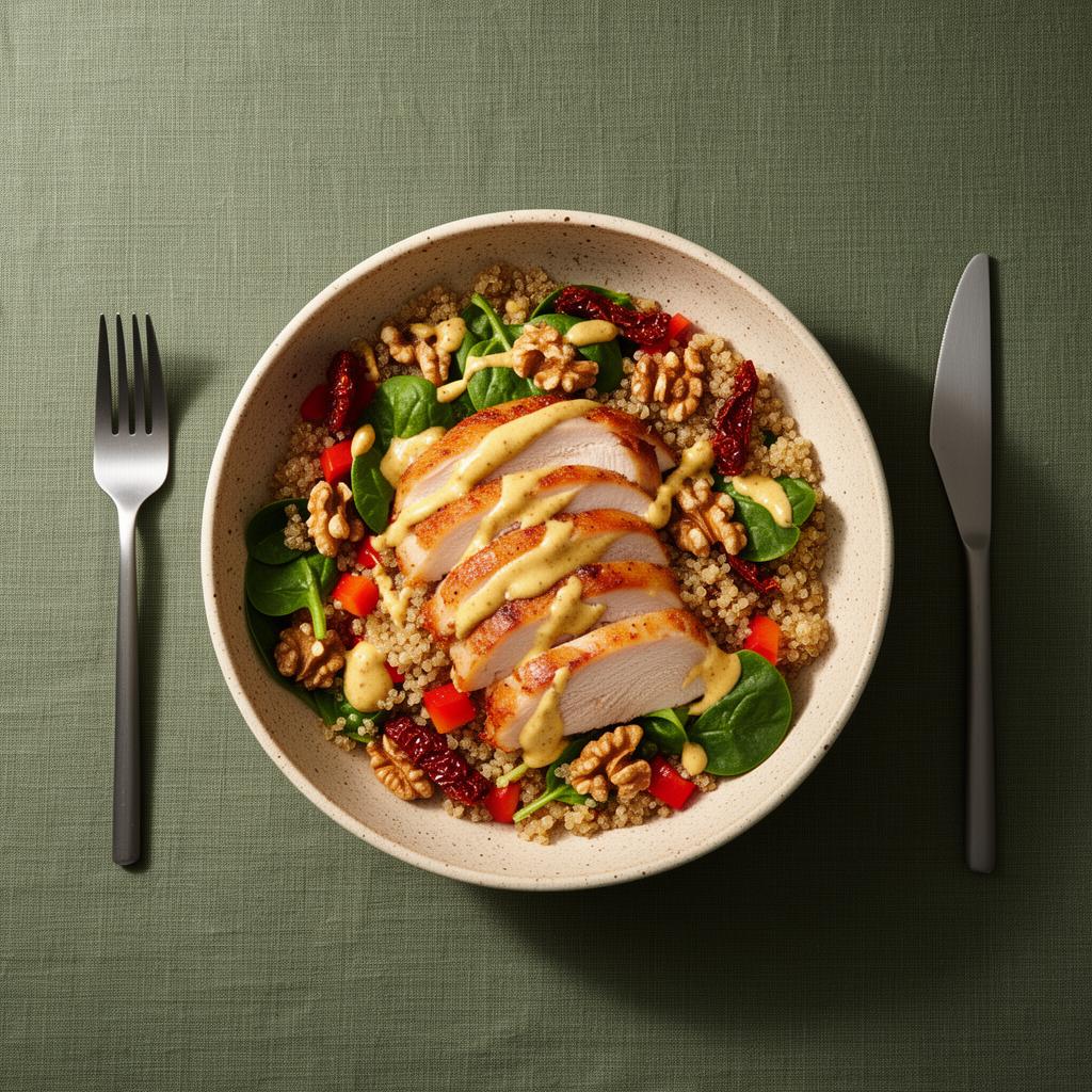 Warme Gerookte Kip & Quinoa Salade met Mosterd-Ahornsiroop Dressing