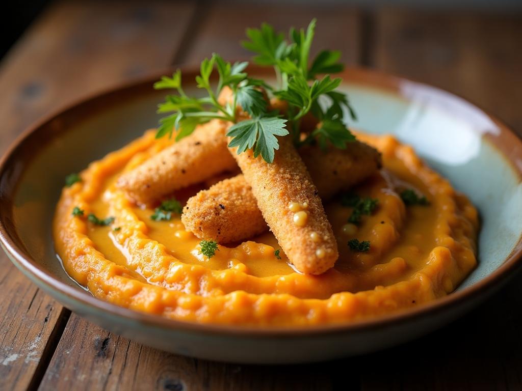 Zoete Aardappelstamppot met Prei & Vissticks