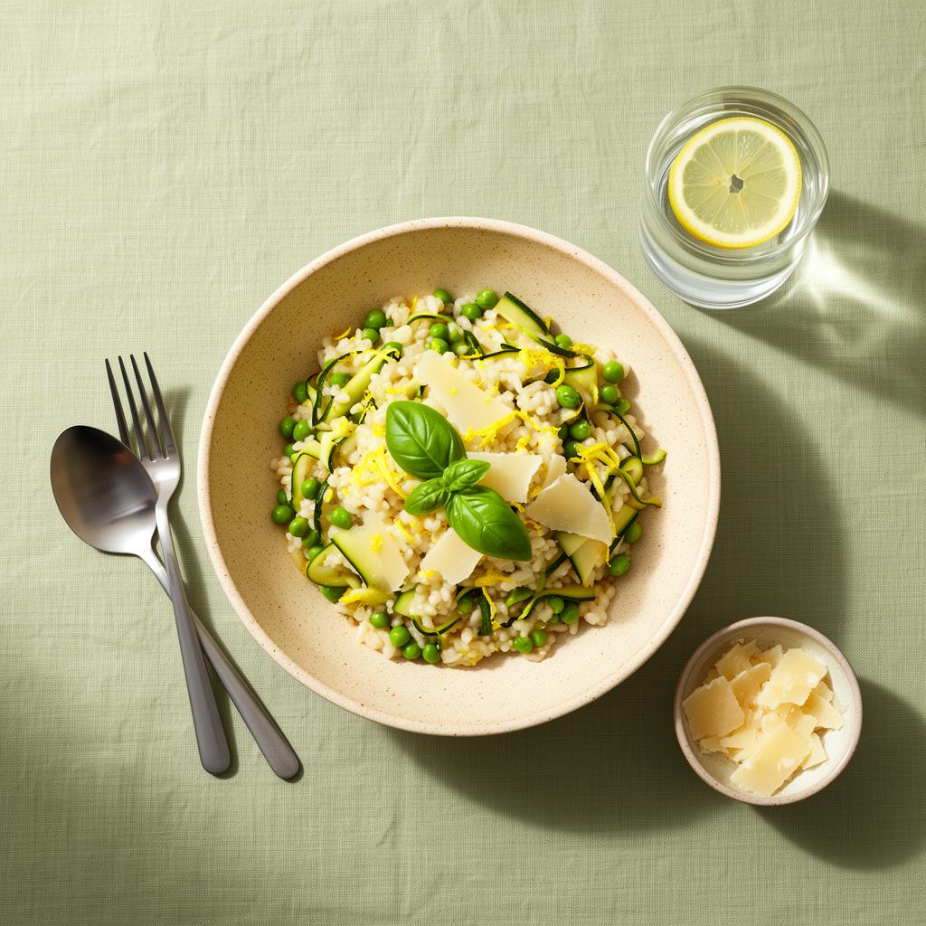 Zomerse risotto met courgette, citroen, doperwten en basilicum